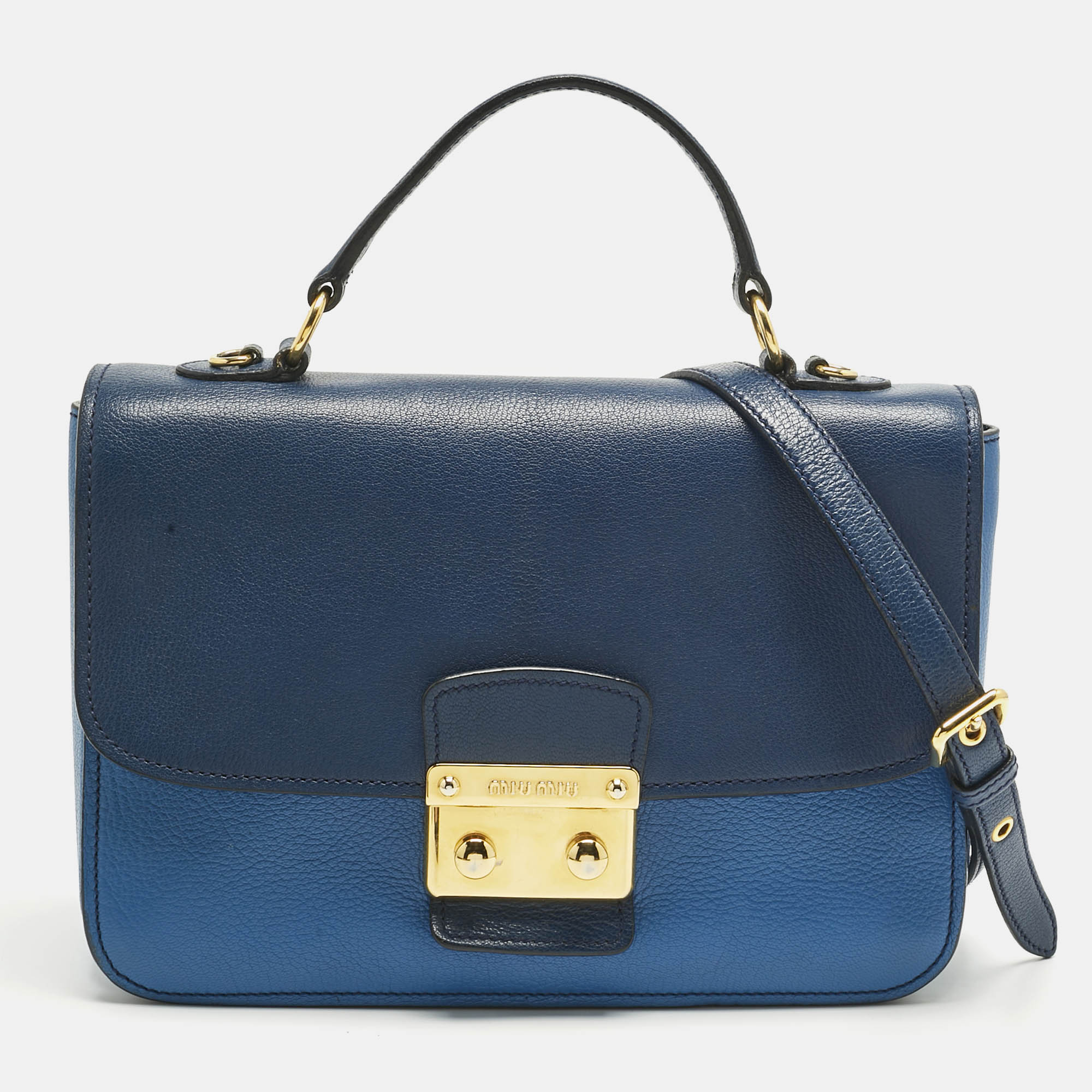 Pre-owned Miu Miu Two Tone Blue Madras Leather Push Lock Flap Top Handle Bag
