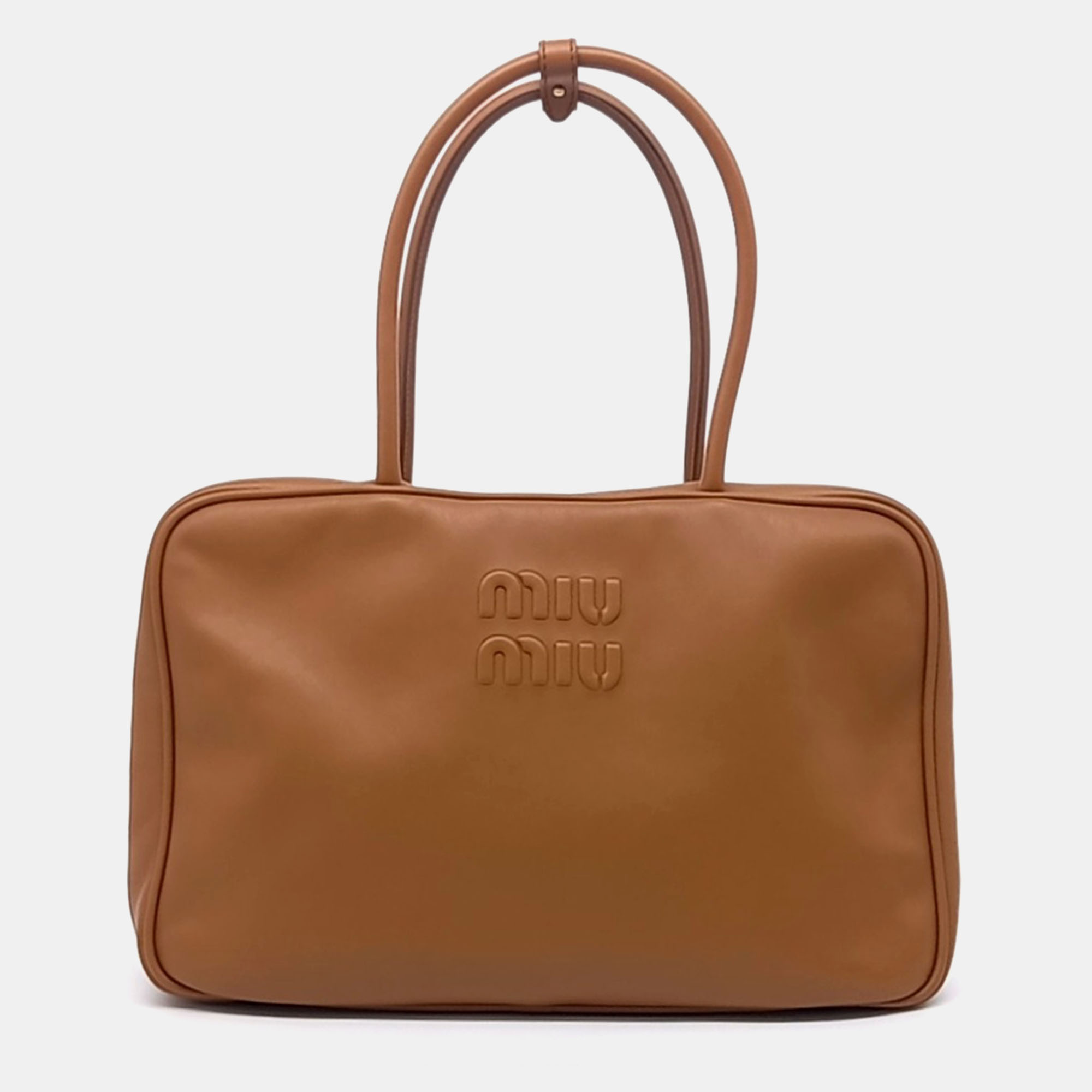 

Miu Miu Brown Leather Embossed Logo Bowling Bag
