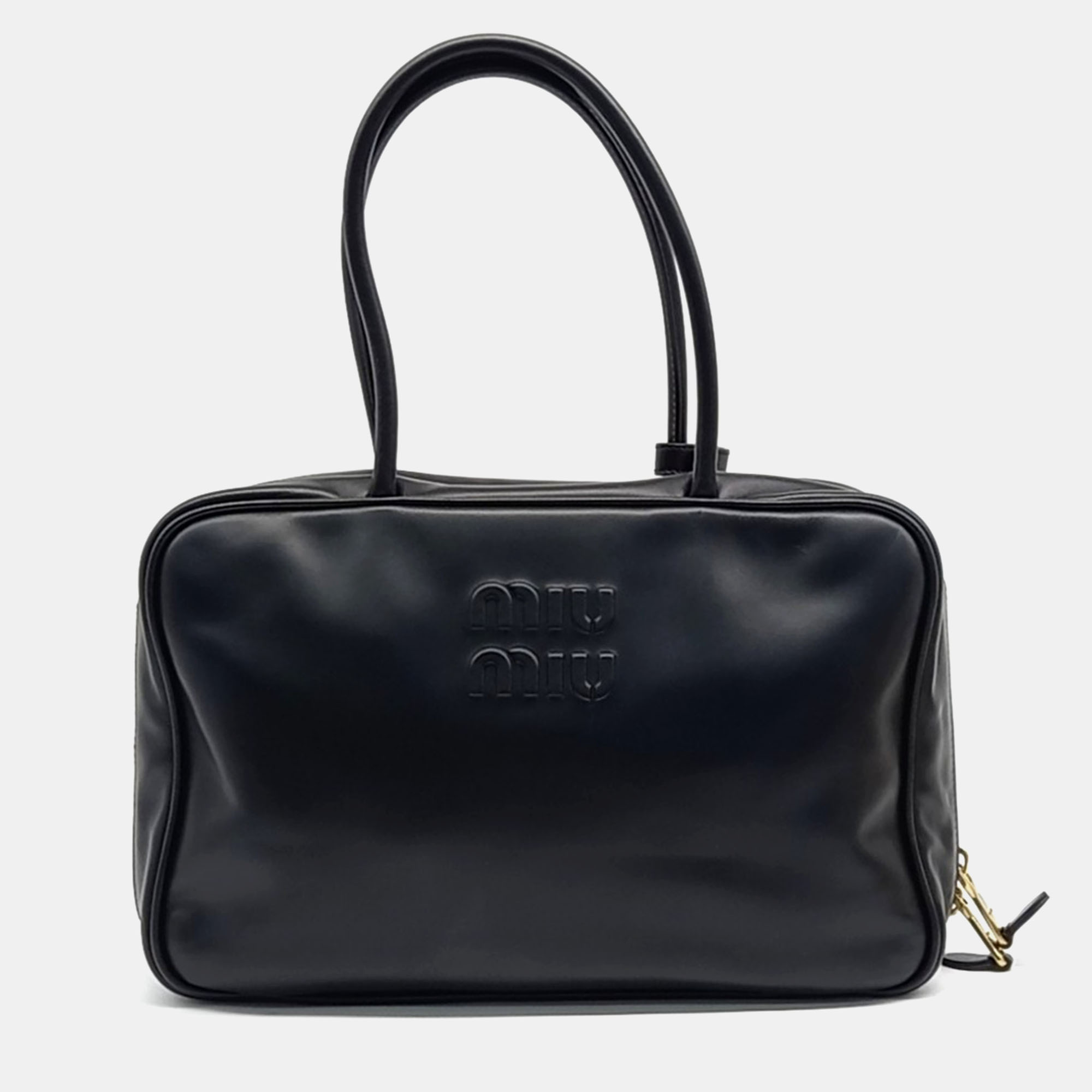 Pre-owned Miu Miu Black Leather Embossed Logo Bowling Bag