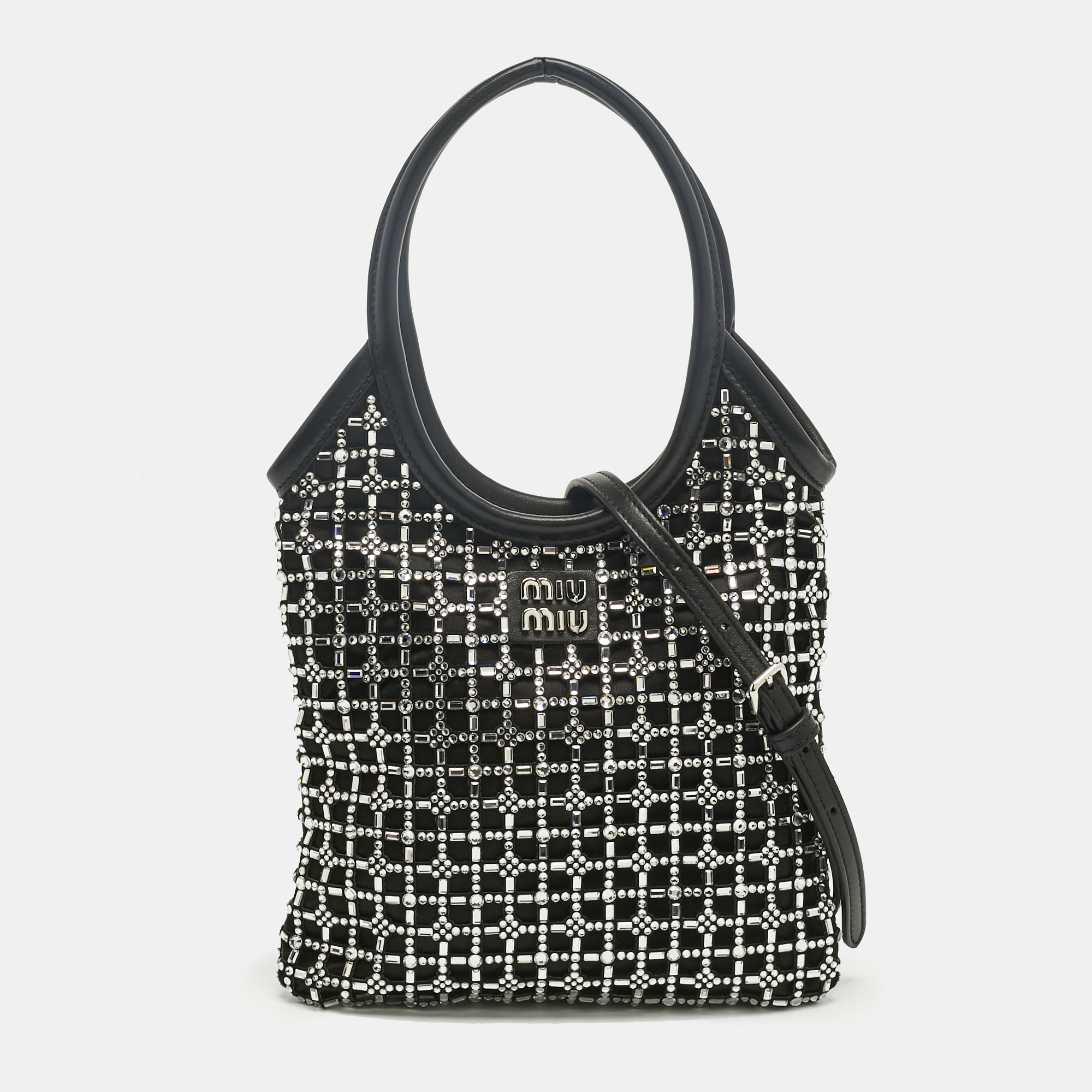 

Miu Miu Black Leather and Satin Crystal Embellished Tote
