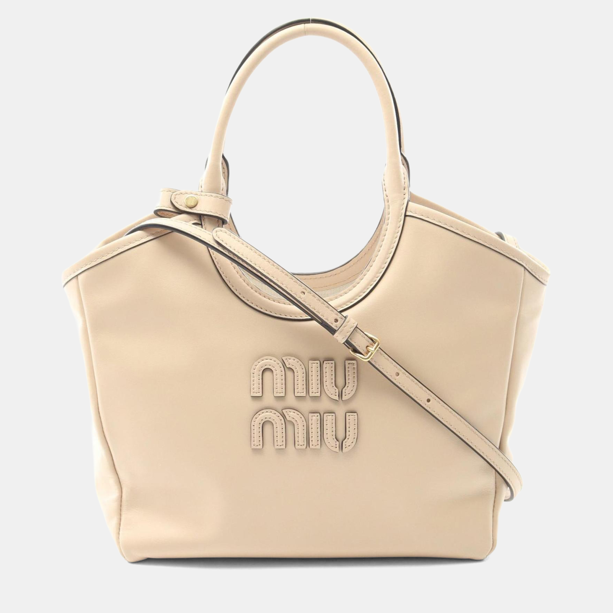 Pre-owned Miu Miu Miu Ivy Handbag Leather Beige In Sand