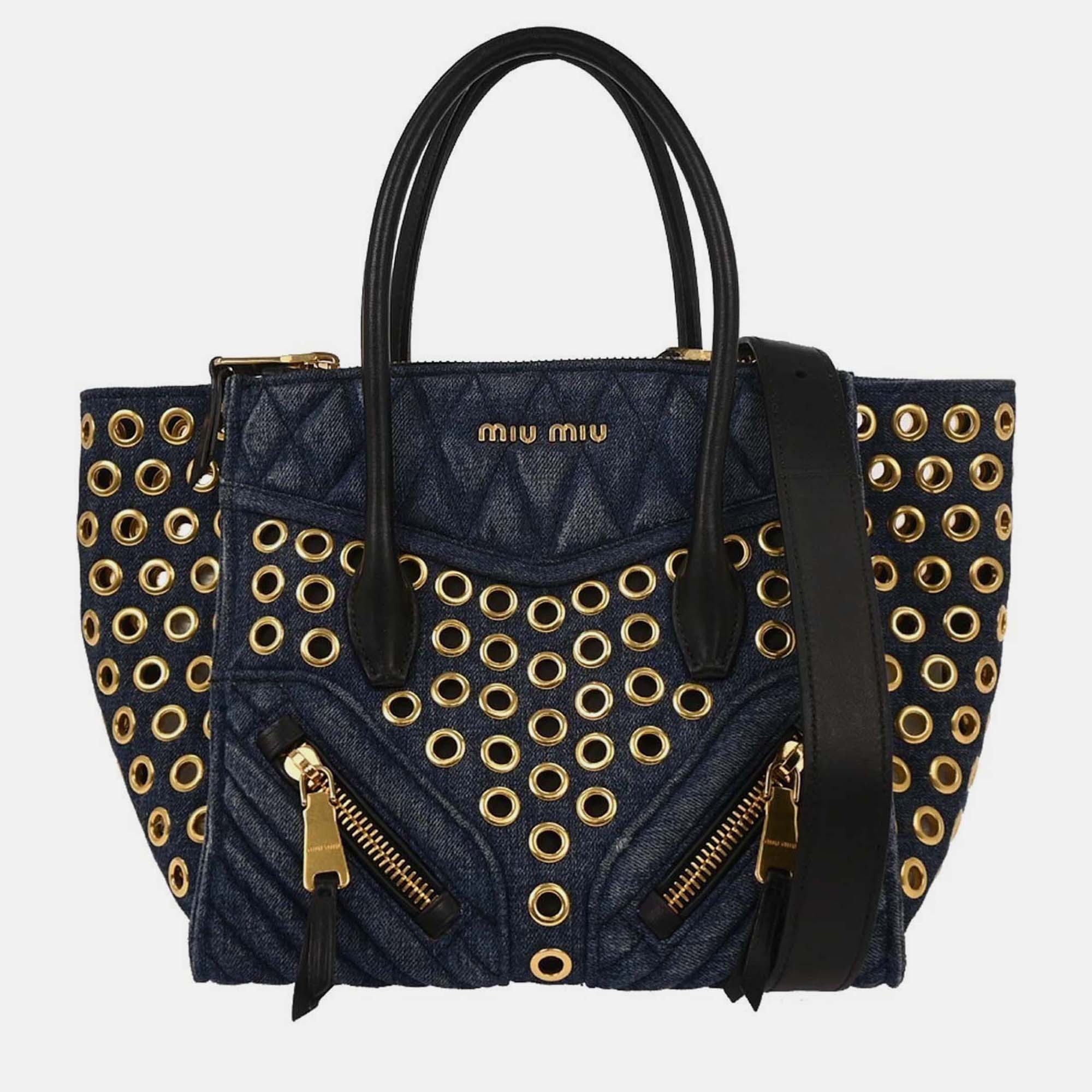 

Miu Miu Navy Denim Biker Tote Bag, Gold
