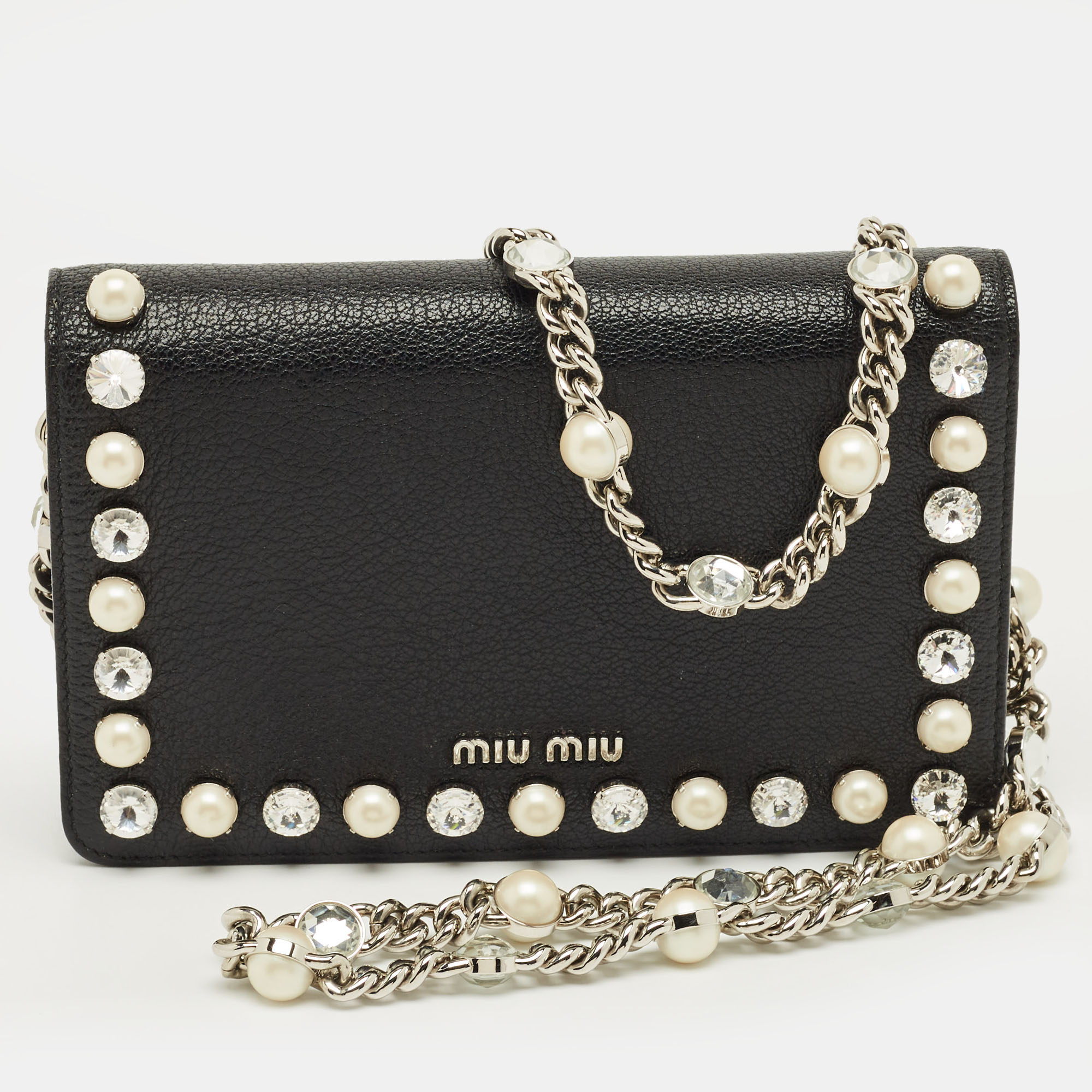 

Miu Miu Black Leather Pearl and Crystal Embellished Flap Bag