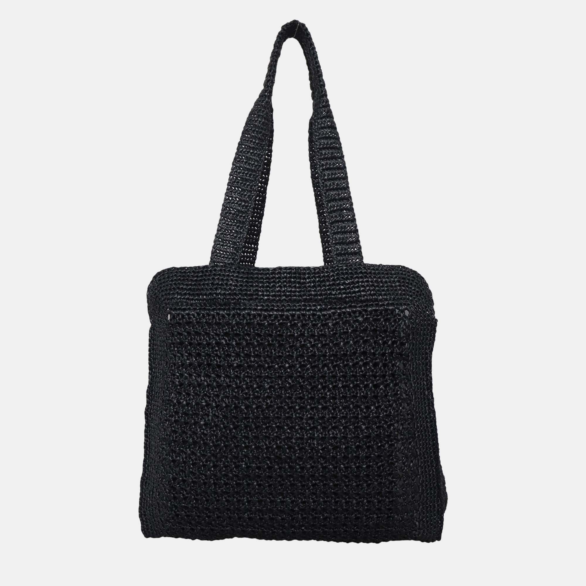 Pre-owned Miu Miu Crochet Raffia Tote Bag In Black