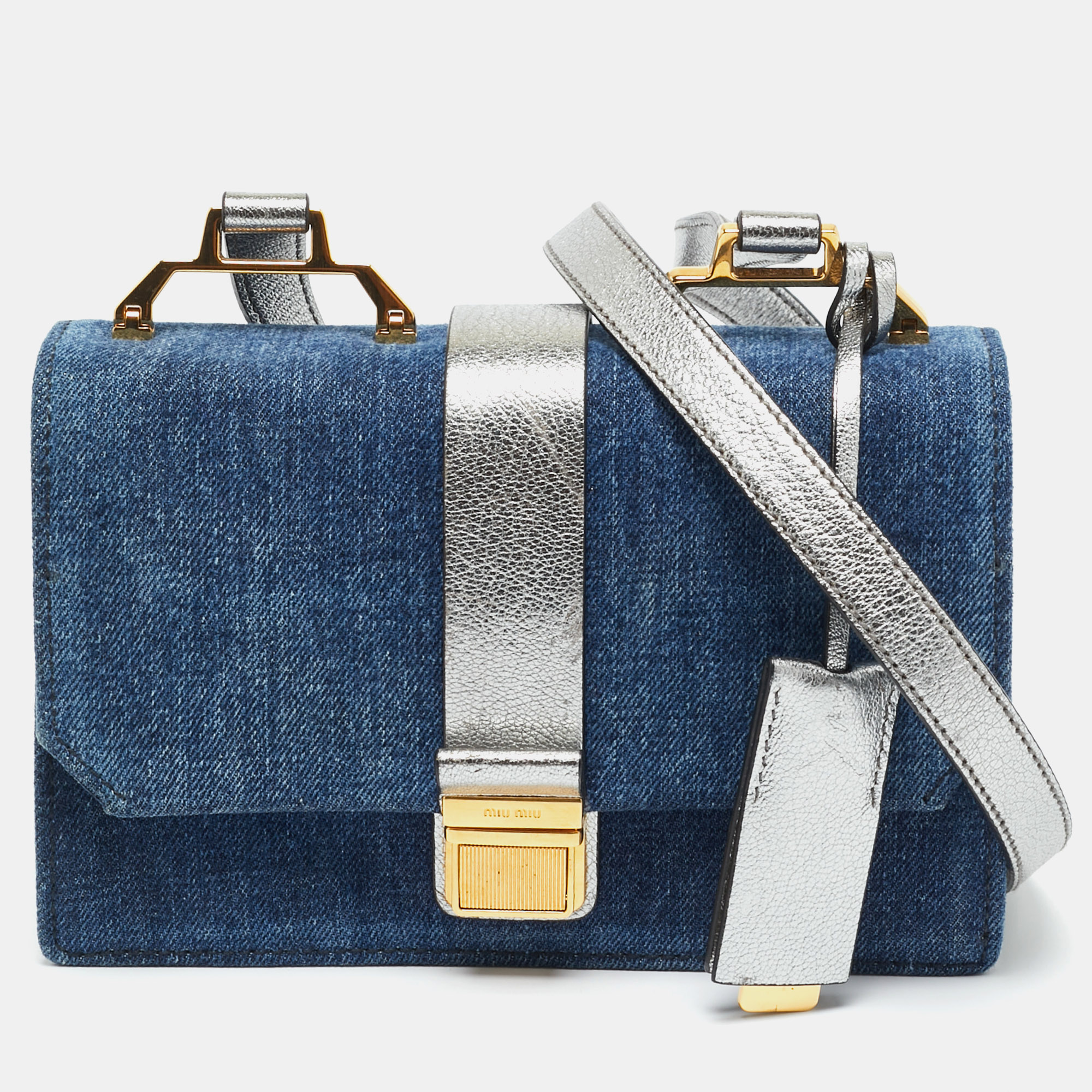 Pre-owned Miu Miu Silver/blue Denim And Madras Leather Pushlock Top Handle Bag