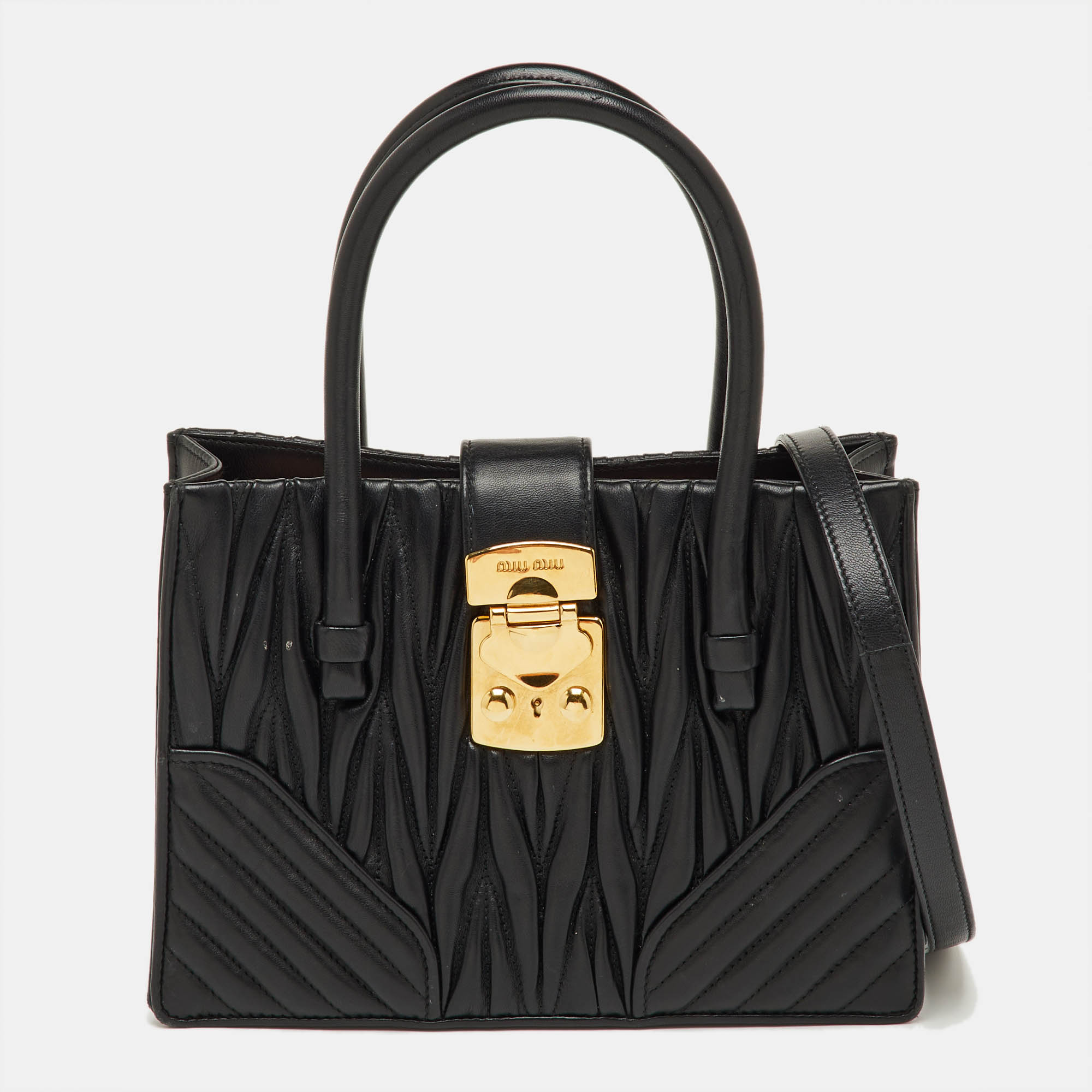 Pre-owned Miu Miu Matelassé Push Lock Black Leather Tote