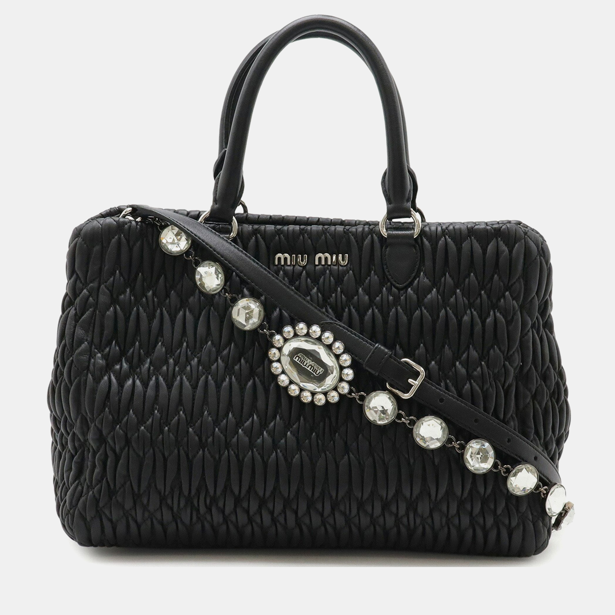 Click to view more detailed imagery on our partner's website Pre-owned Miu Miu Miu Matelasse Nappa Crystal Gathered Handbag Shoulder Leather Black