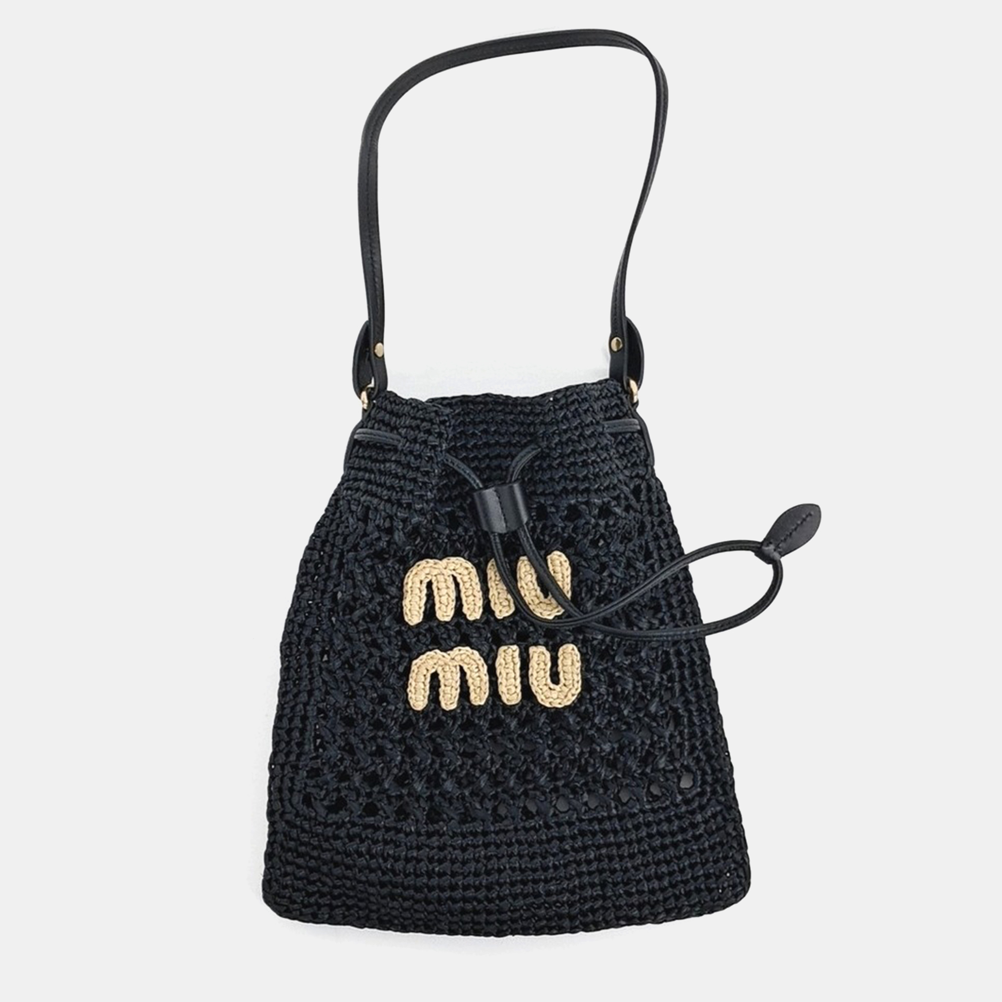 

Miu Miu Black Leather and Raffia Woven Fabric Mini Bag