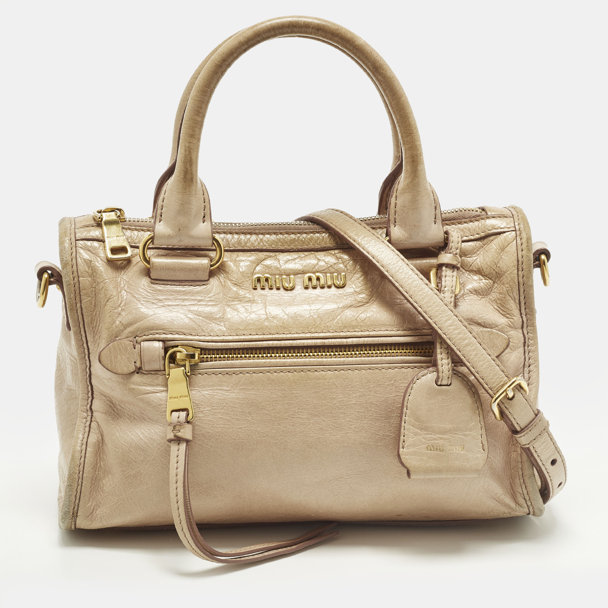 

Miu Miu Bauletto Beige Vitello Shine Leather Satchel