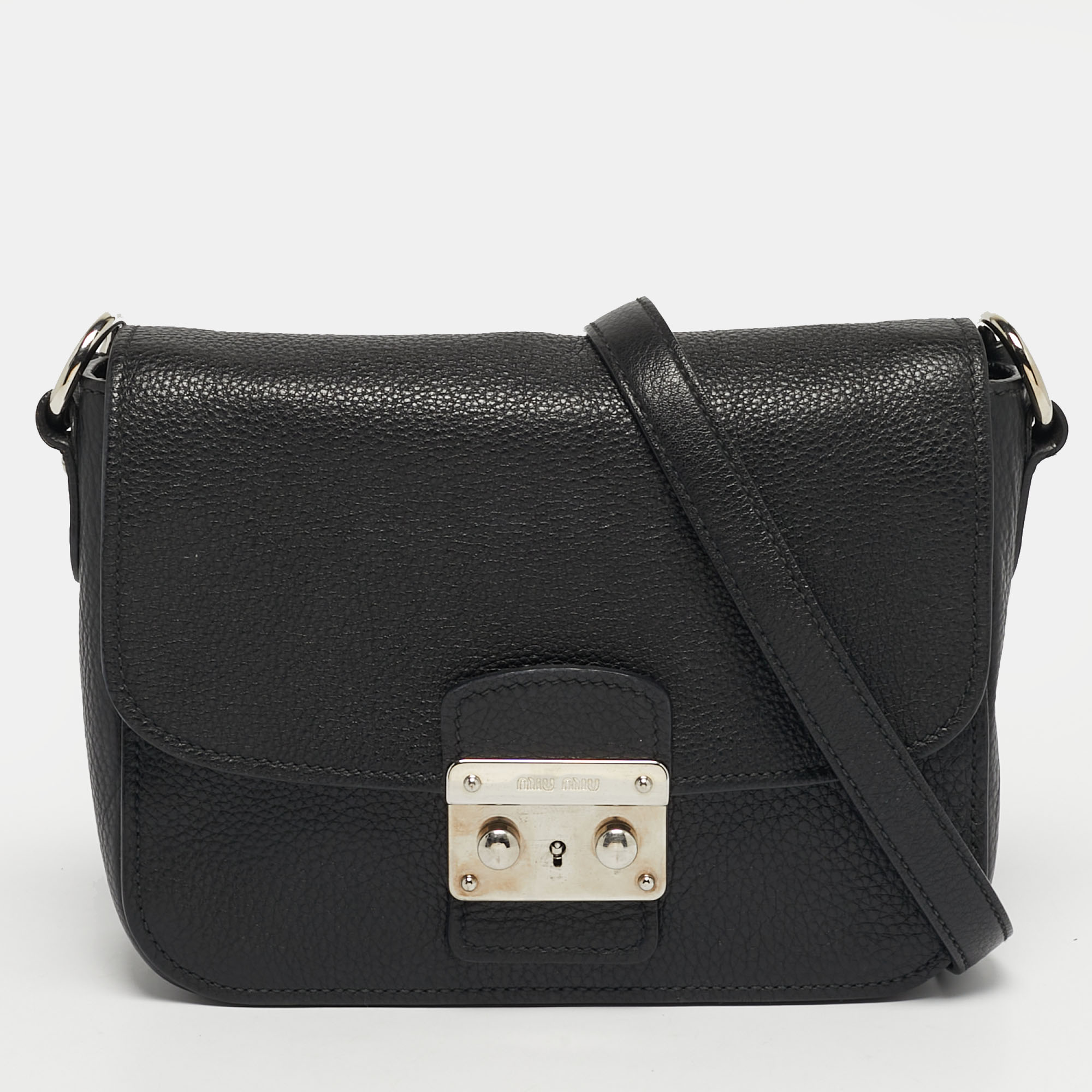 Pre-owned Miu Miu Pushlock Flap Black Leather Crossbody Bag
