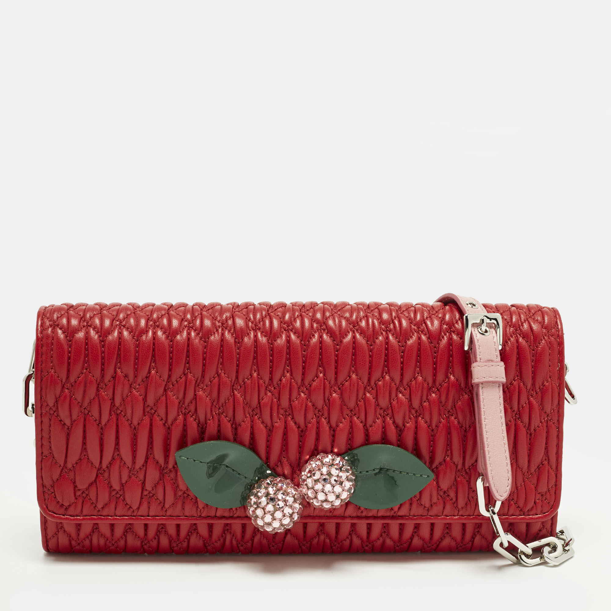 

Miu Miu Crystal Embellished Red Matelassé Leather Wallet On Chain