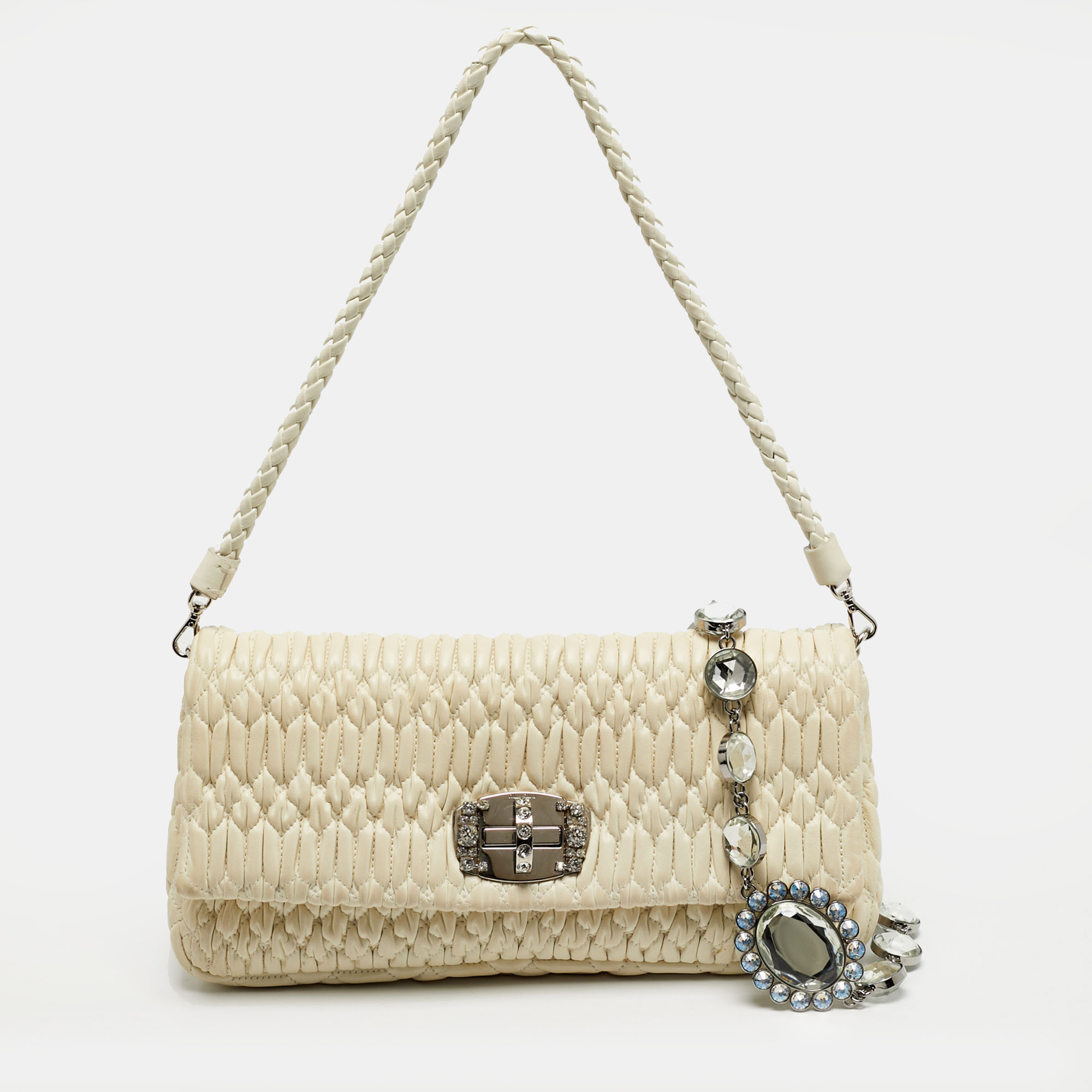 

Miu Miu White Matelasse Leather Crystal Flap Shoulder Bag