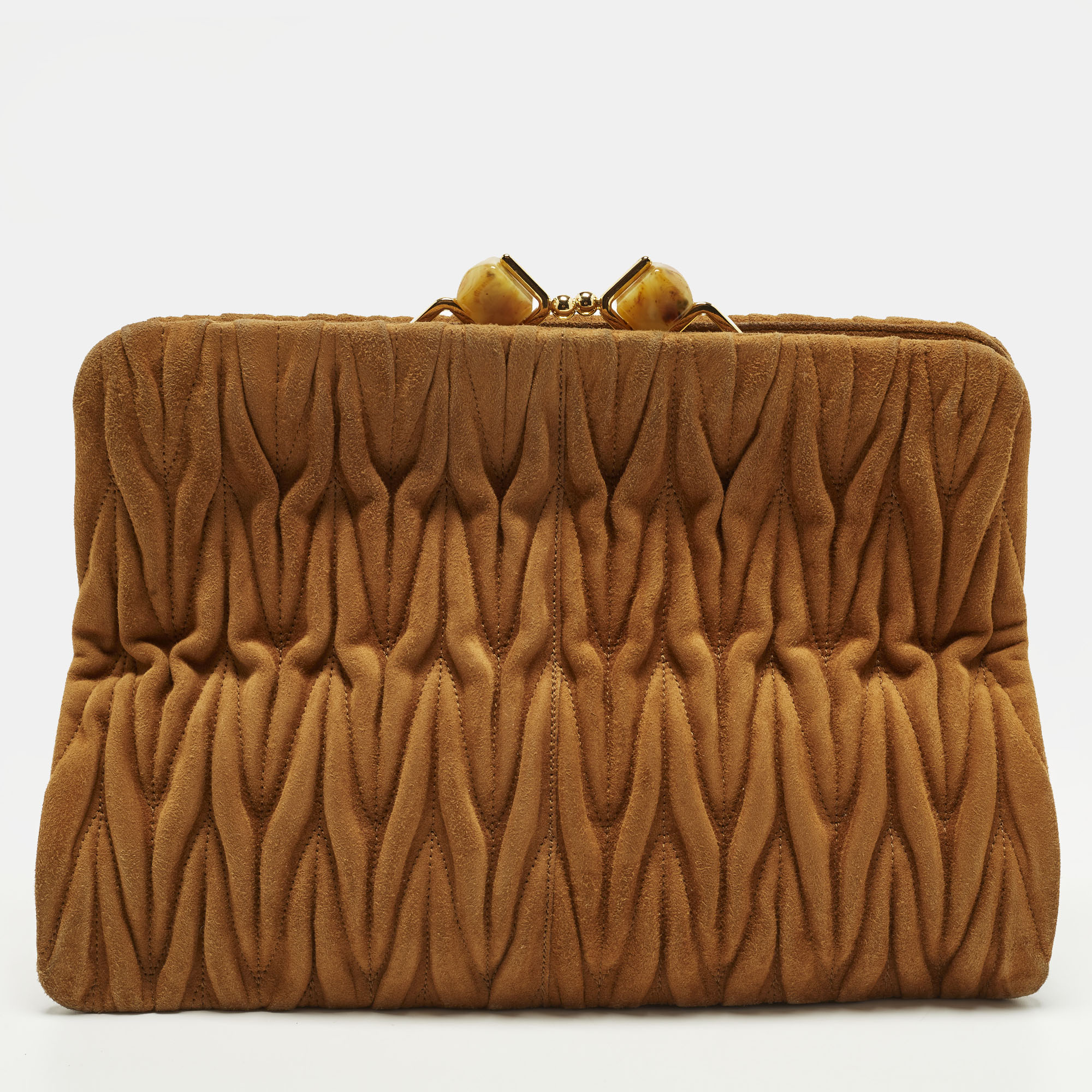 Pre-owned Miu Miu Kisslock Frame Brown Matelassé Suede Clutch