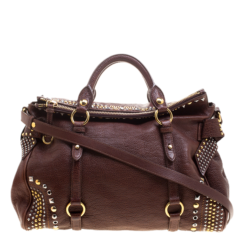 Miu Miu BrownLeather Bow Studded Tote