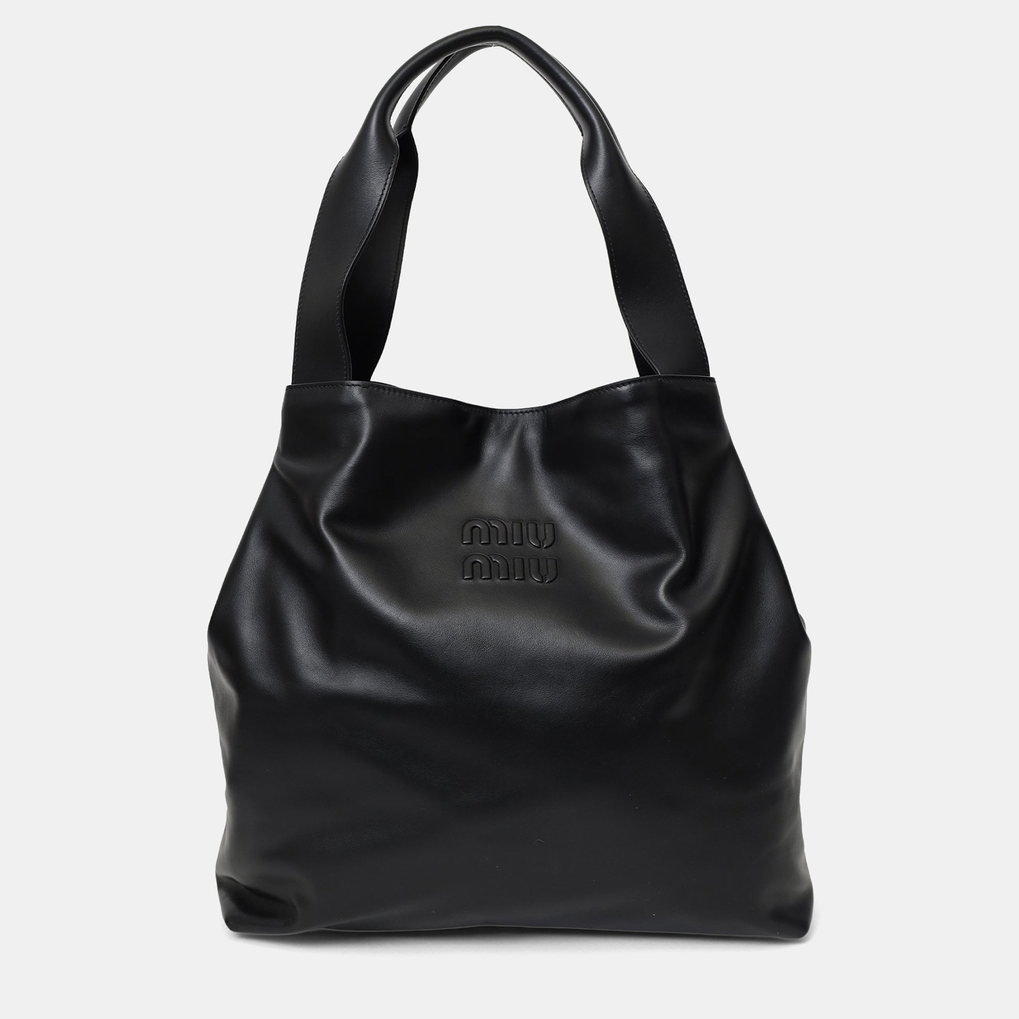 

Miu Miu Black Leather Embossed-Logo Tote Bag