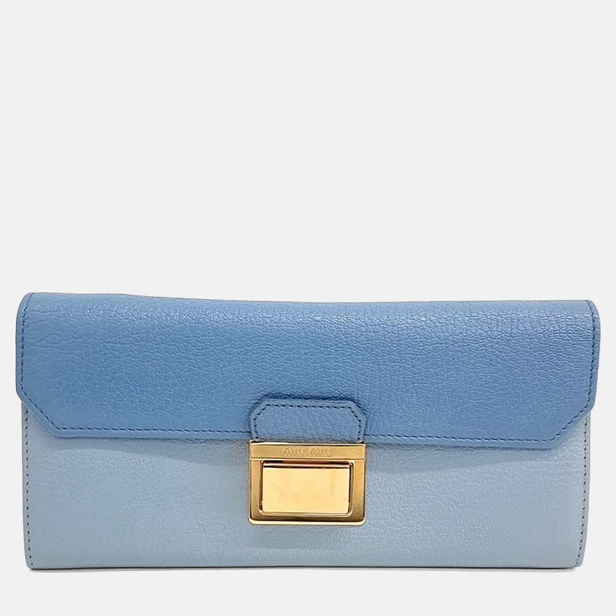 Pre-owned Miu Miu Blue Leather Long Wallet