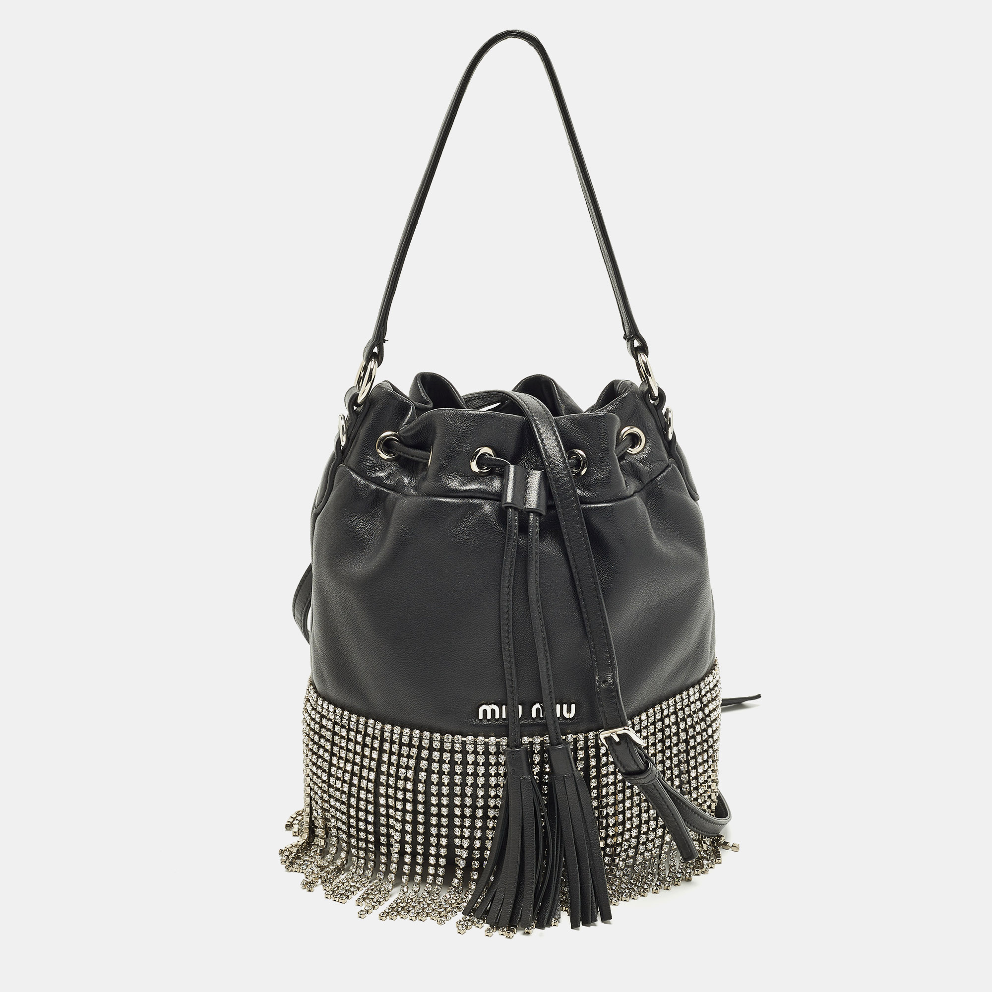 Pre-owned Miu Miu Crystal Fringe Black Leather Drawstring Bucket Bag