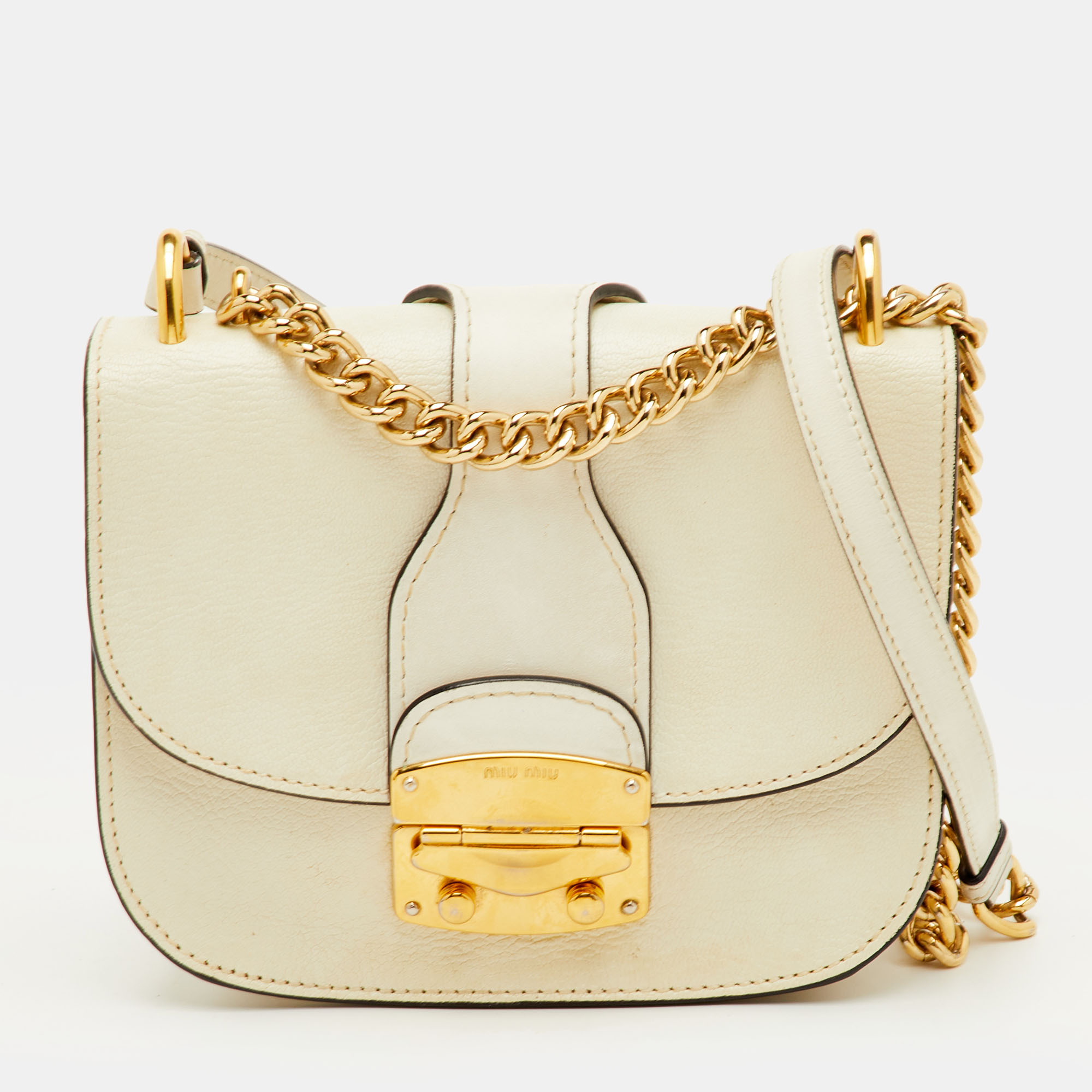 

Miu Miu Pushlock Off White Madras Leather Crossbody Bag