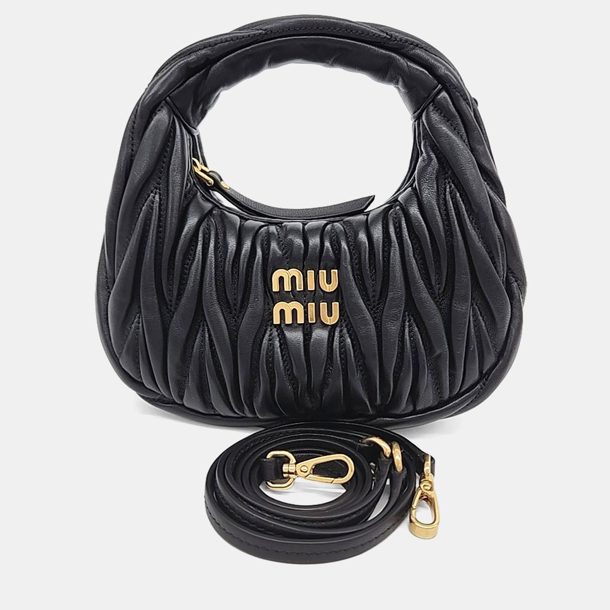 

Miu Miu Black Leather Wander Matrasse Mini Hobo Bag