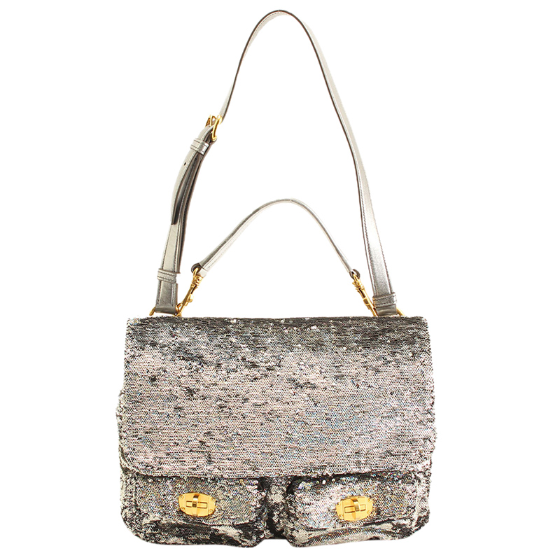 Pre Owned Miu Miu Silver Paillette Sequins Turn Lock Shoulder Bag