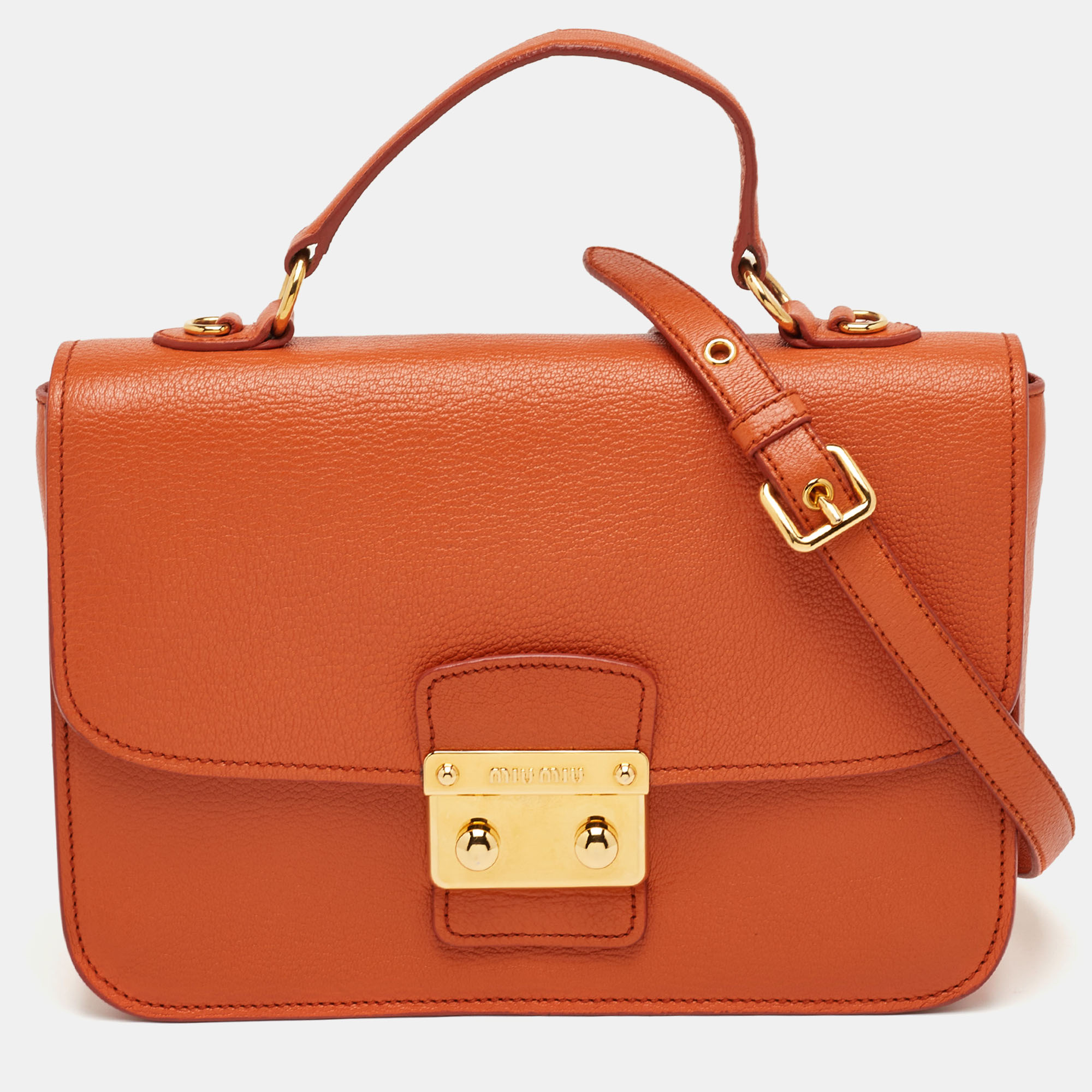

Miu Miu Push Lock Orange Madras Leather Flap Top Handle Bag