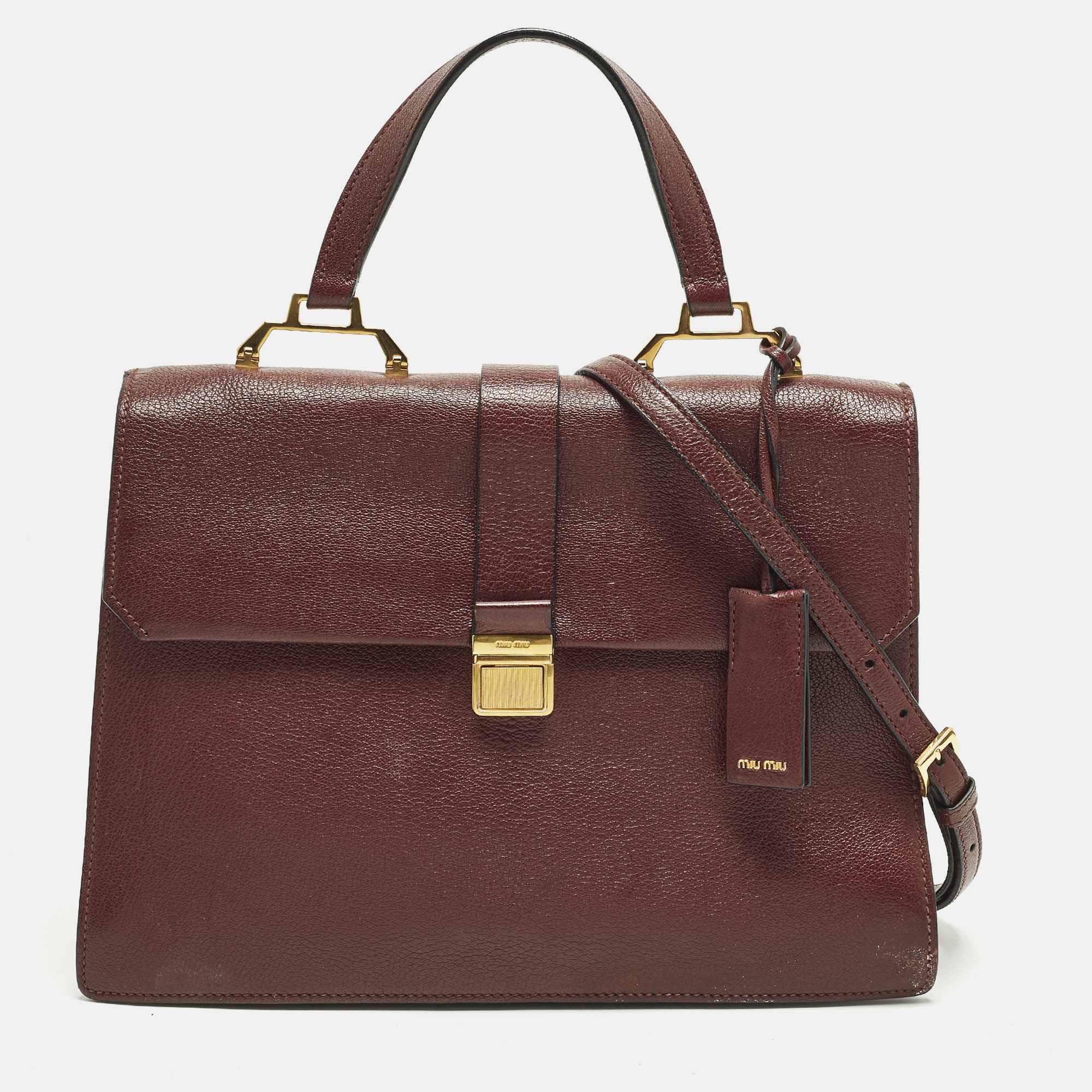 

Miu Miu Pushlock Flap Burgundy Madras Leather Top Handle Bag