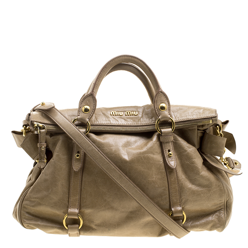 Miu Miu Beige Glazed Leather Bow Tote