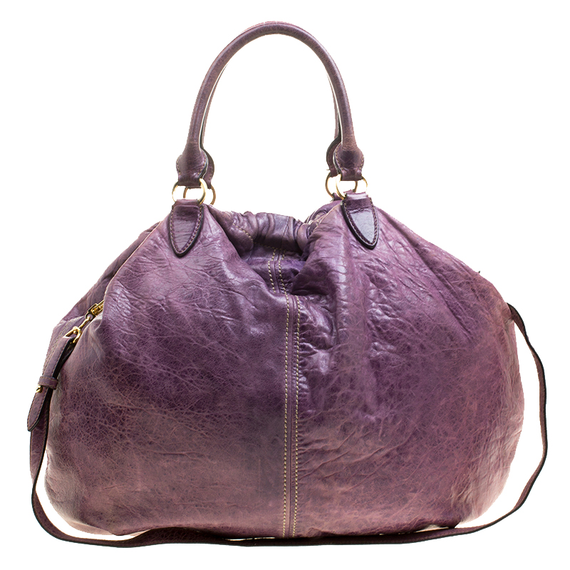 Pre Owned Miu Miu Purple Distressed Leather Hobo