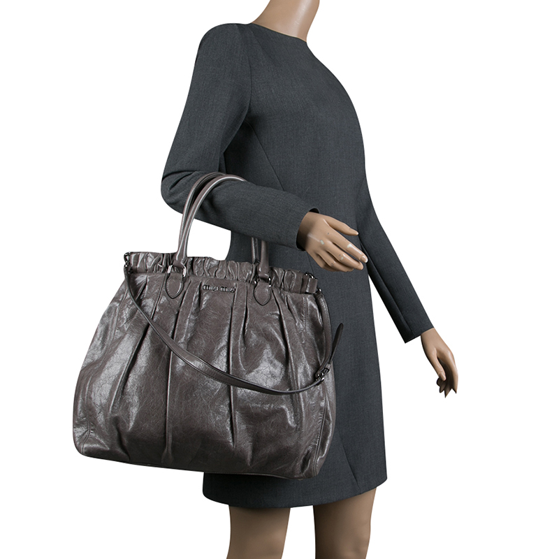 

Miu Miu Grey Lux Leather Gathered Tote