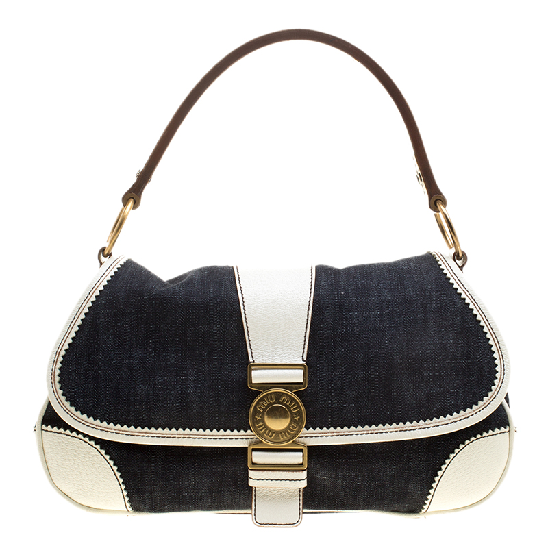 Miu Miu Navy Blue/White Denim and Leather Top Handle Bag