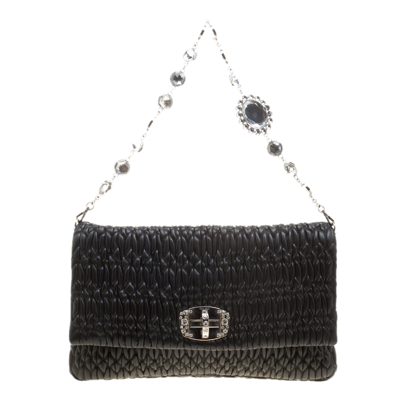 Miu Miu Black Matelassé Leather Crystal Flap Shoulder Bag