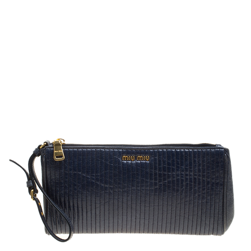 Pre Owned Miu Miu Blue Matelasse Leather Wristlet Clutch