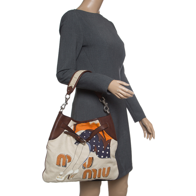 

Miu Miu Beige/Brown Canvas Embroidered Shoulder Bag