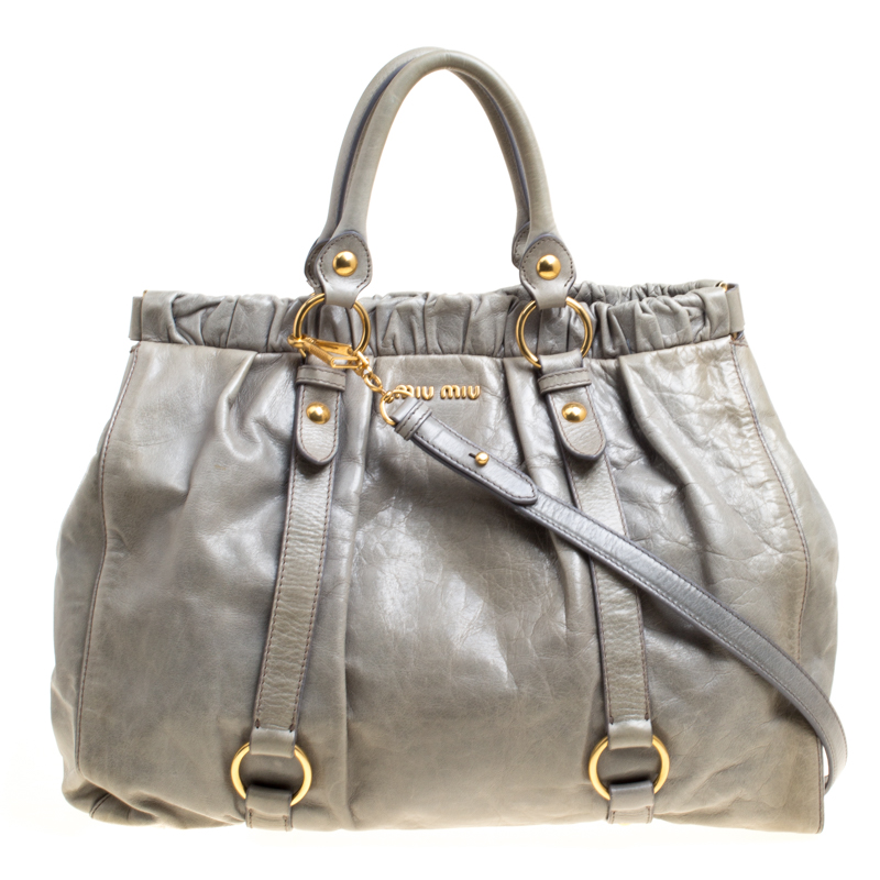 Pre Owned Miu Miu Sage Green Glazed Leather Large Luxe Ruched Top Handle Bag