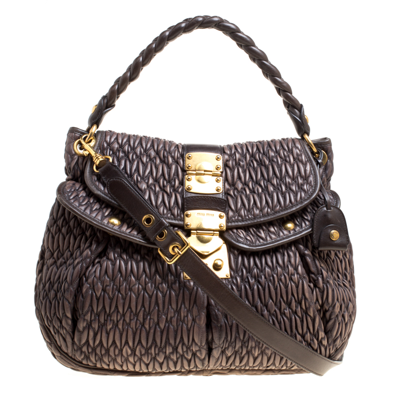 Miu Miu Choco Brown Matelasse Leather Coffer Hobo