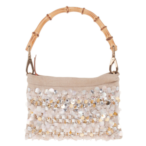 مم�لوكة مسبقًا Miu Miu Beige Sequined and Beaded Bamboo Handle Bag