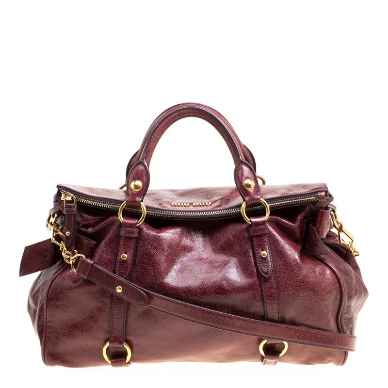 Miu Miu Burgundy Glazed Leather Bow Top Handle Bag