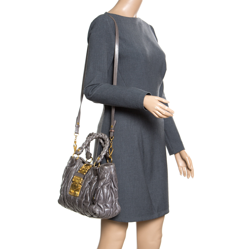 

Miu Miu Grey Matelasse Leather Coffer Two Way Top Handle Bag