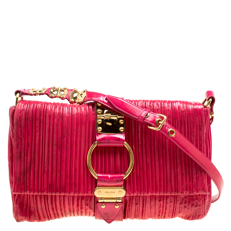 Miu Miu Fuchsia Pleated Patent Leather Shoulder Bag