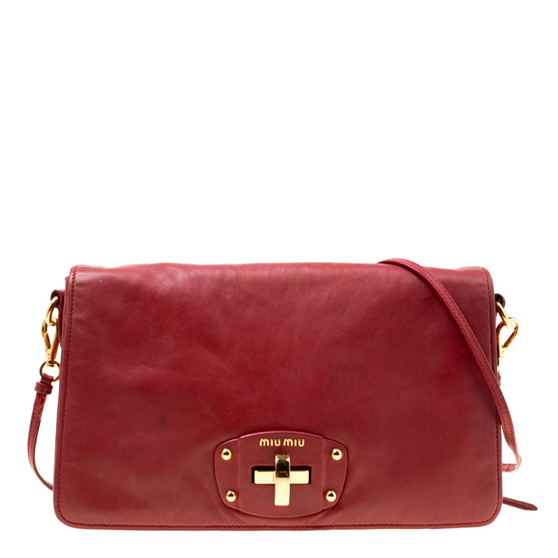 Miu Miu Red Leather Turnlock Crossbody Bag