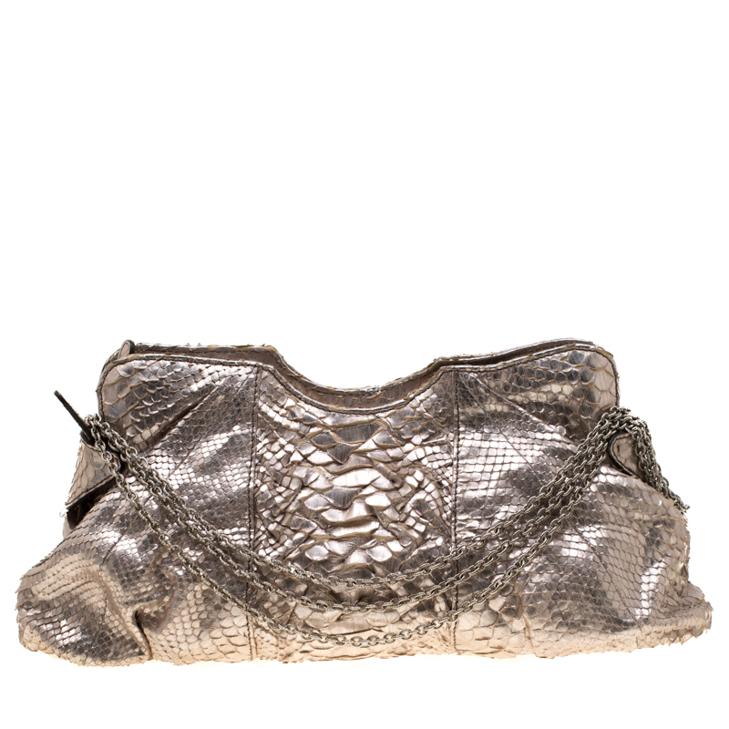 Zagliani Metallic Rose Gold Python Chain Shoulder Bag 