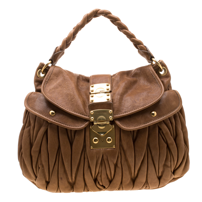 Miu Miu Brown Matelasse Leather Coffer Hobo