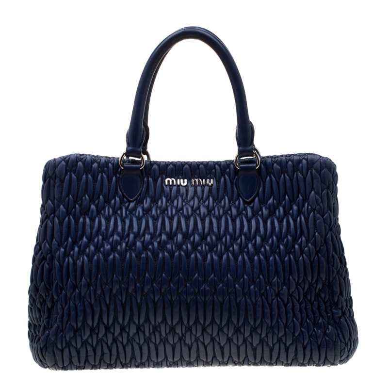 Pre Owned Miu Miu Blue Matelasse Nappa Leather Crystal Tote