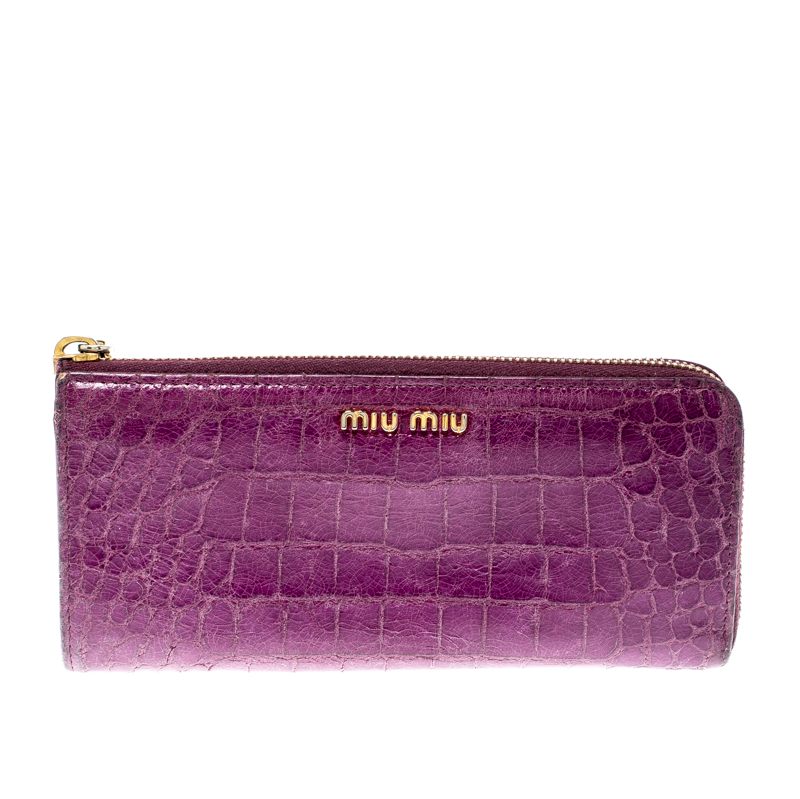 Miu Miu Purple Crocodile Embossed Leather Zip around Wallet