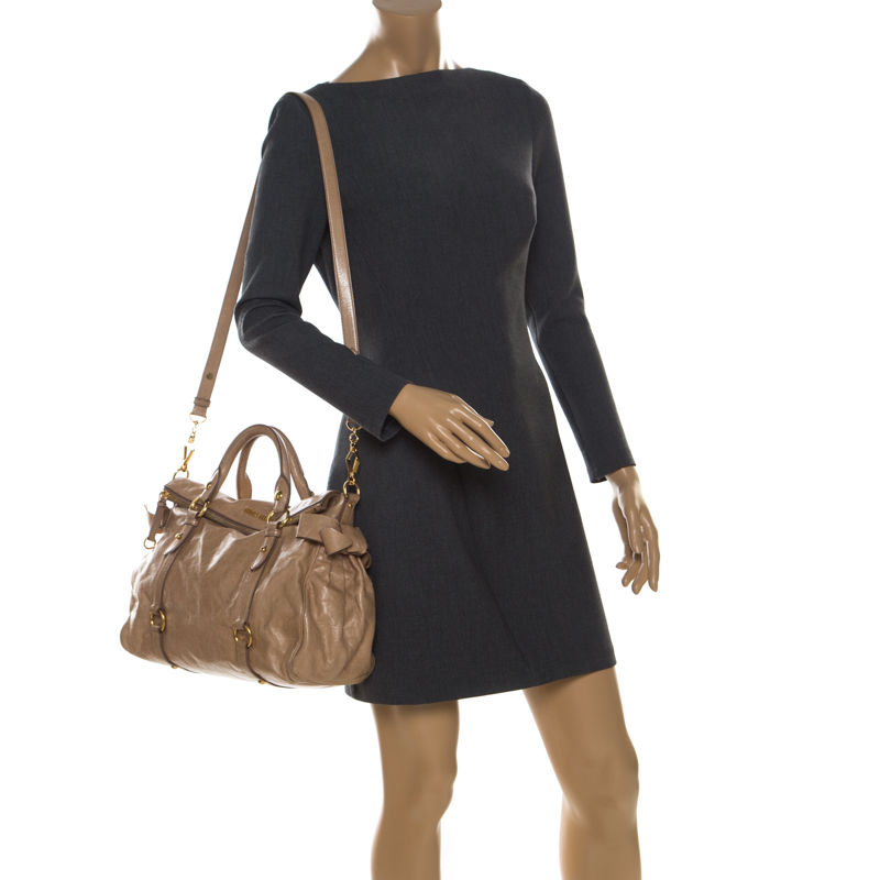 Miu Miu Beige Glazed Leather Bow Tote