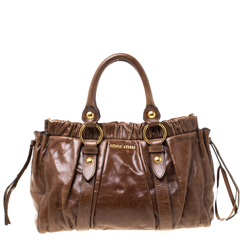 Miu Miu Brown Glazed Leather Luxe Ruched Tote