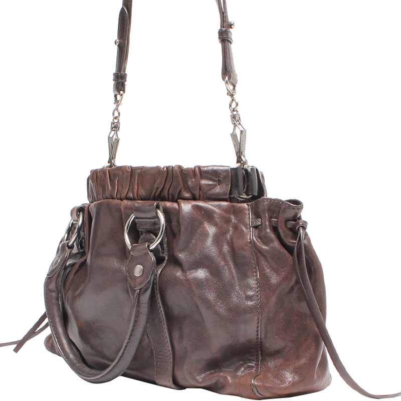 

Miu Miu Brown Glazed Leather Medium Luxe Ruched Top Handle Bag