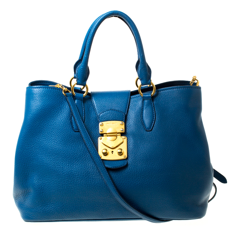 Pre Owned Miu Miu Blue Pebbled Leather Convertible Tote