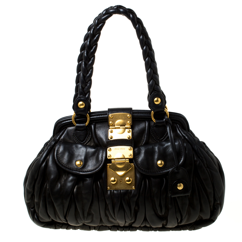 Pre Owned Miu Miu Black Matelasse Lux Leather Bauletto Satchel