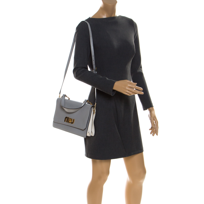 

Miu Miu Grey Leather Madras Miu Logo Top Handle Bag